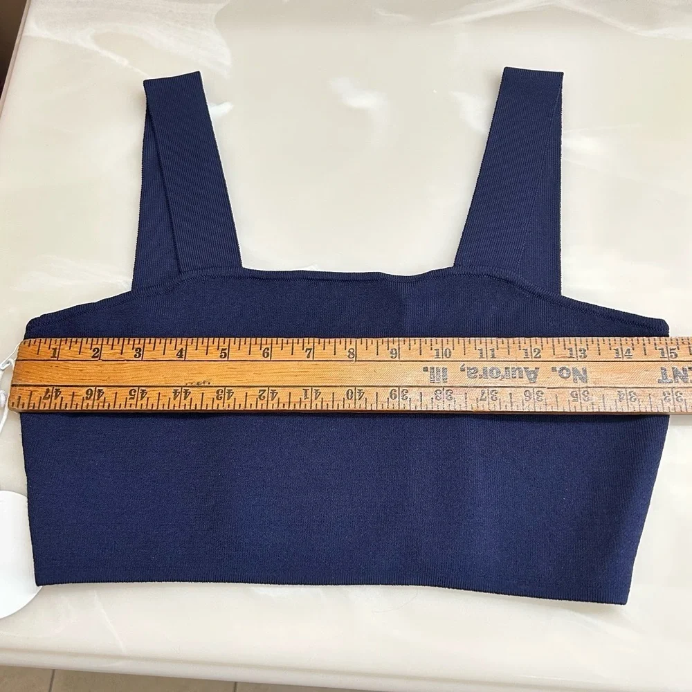 NWT Staud Zola Knit Crop Top Navy Blue & White Embroidered Logo Size Large